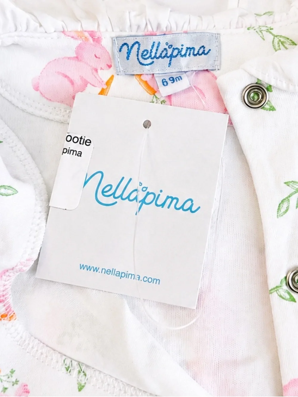 NWT Nellapima Pink Bunny Crossover Footie Pima Cotton 6-9M Ruffle Collar